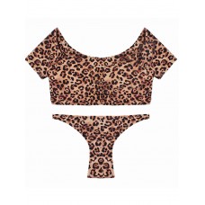 SWIMMART Sexy Short Sleeve Leopard Printed Elastic Tankinis Swimwear Sets