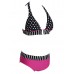 Sexy Swimsuit Halter Polka Dot Strap Spliced Padded Bikini Set