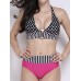 Sexy Swimsuit Halter Polka Dot Strap Spliced Padded Bikini Set