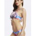 Women Sexy High Neck Geometry Printed Hollow Out Back Padded Bikini Set Beachwear