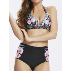 Women Plus Size Sexy Sleeveless Halter Floral Print Push Up High-Waisted Bikini Set