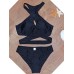 Women Black High V Neck Bandage Cross Hollow Out Low Waist Bikini Beachwear