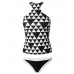 High Round Neck Sleeveless Rhombus Geometric Printed Tankinis