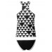 High Round Neck Sleeveless Rhombus Geometric Printed Tankinis