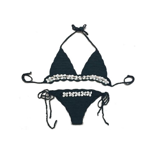 Halterneck Crochet Handmade knit Shell Inlaid Swimsuit Bikini Set