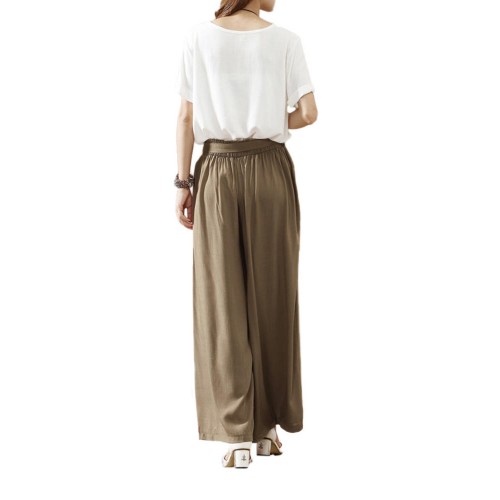 Women Loose Waistband Pure Color Cotton Linen Wide Leg Pants