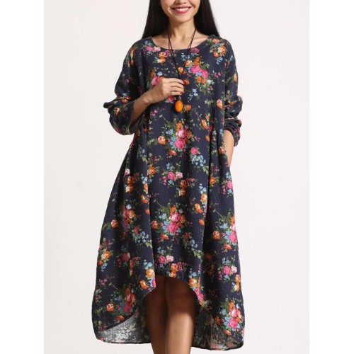 Women Retro Floral Printing Kaftan Long Sleeve Maxi Dress