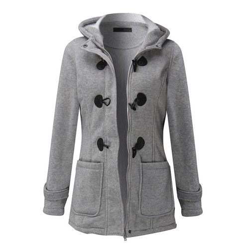 Casual Women Long Sleeve Solid Color Hooded Horn Buttons Coat