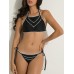 Women Sexy High Neck Halter Bandage Geometry Printed Hollow Out Bikini Set Beachwear