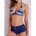 Sexy Geometric Striped Printed Bowknot Deep Plunge Halter Tankinis Set Swimwear