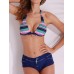 Sexy Geometric Striped Printed Bowknot Deep Plunge Halter Tankinis Set Swimwear