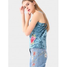 Blue Sexy Velvet Flower Embroidered V-Neck Spaghetti Strap Women Tank Tops