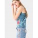 Blue Sexy Velvet Flower Embroidered V-Neck Spaghetti Strap Women Tank Tops