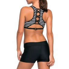 Women Striped Board Shorts Sports Racerback Tankini Beachwear Swimsuit