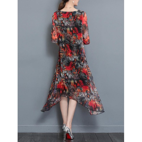 Summer Women Dress Floral Double Fabric Irregular Hem Short Sleeve Dresses