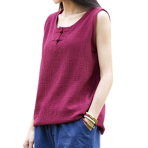 Women Plate Buckle O-neck Pure Color Linen Vintage Tank Tops