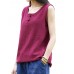 Women Plate Buckle O-neck Pure Color Linen Vintage Tank Tops