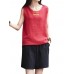 Women Plate Buckle O-neck Pure Color Linen Vintage Tank Tops