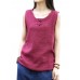 Women Plate Buckle O-neck Pure Color Linen Vintage Tank Tops