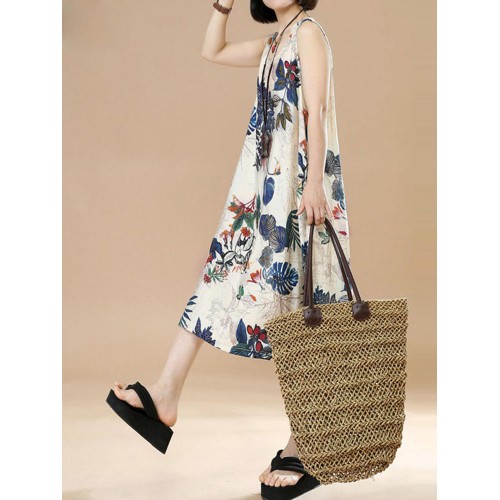 Plus Size Vintage Women Floral Printed Sleeveless Maxi Dresses