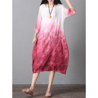 Retro Brand Gradient Dye Print Dress Color Embroidery Half Sleeve Linen Dress