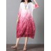 Retro Brand Gradient Dye Print Dress Color Embroidery Half Sleeve Linen Dress