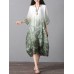 Retro Brand Gradient Dye Print Dress Color Embroidery Half Sleeve Linen Dress