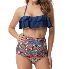 Sexy Halter Flounce Backless High Waist Print Panties Tankinis Set