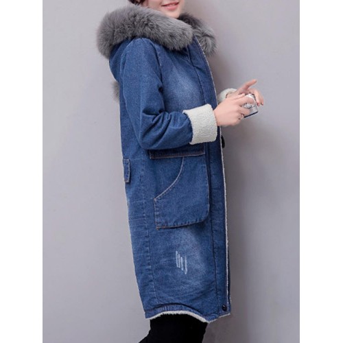 Casual Women Faux Fur Collar Double Pocket Thick Denim Coat