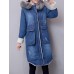 Casual Women Faux Fur Collar Double Pocket Thick Denim Coat