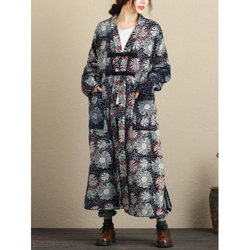 Vintage Women V-Neck Printed Fleece Lined Coat