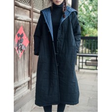 Vintage Women Solid Color Long Sleeve Hooded Cotton Long Coat