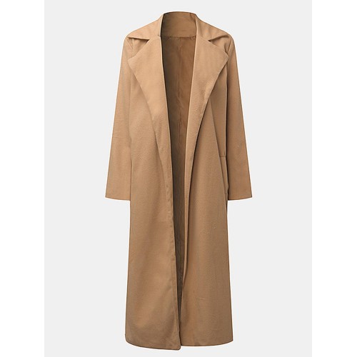 Solid Color Women Casual Full Sleeve Lapel Pocket Long Coat