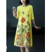 Elegant Floral Print Embroidered A-line O-neck Dress