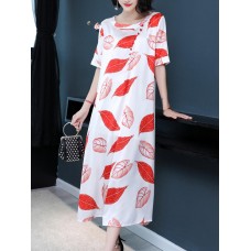 Elegant Women Floral Print O-neck A-line Dress