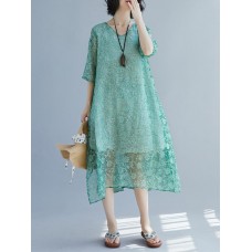 Elegant Women Floral Print Half Sleeves V-neck Loose Dress