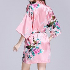 Silk Peacock Middle Sleeve Pajamas Waist Straps Sexy Bathrobes Women Sleepwear