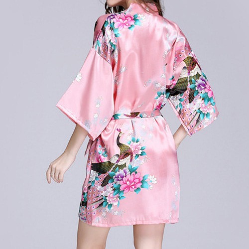 Silk Peacock Middle Sleeve Pajamas Waist Straps Sexy Bathrobes Women Sleepwear