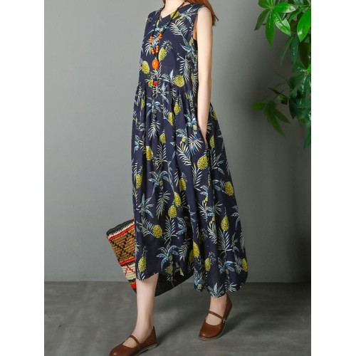 Cotton Sleeveless V-neck Pineapple Pattern Beach Dress