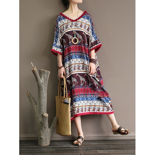 Loose Cotton Bohemian V-neck Three Quarter Sleeve Dress