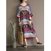 Loose Cotton Bohemian V-neck Three Quarter Sleeve Dress