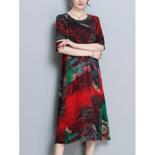 Floral Print O-neck Half Sleeve Dress