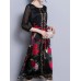 Satin Floral Print O-neck Elegant Side Slipt Dress