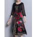 Satin Floral Print O-neck Elegant Side Slipt Dress