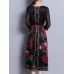 Satin Floral Print O-neck Elegant Side Slipt Dress