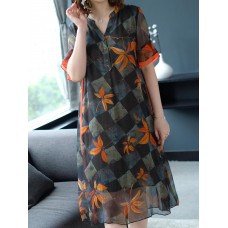 Semi-sheer Floral print Button V-neck Dress