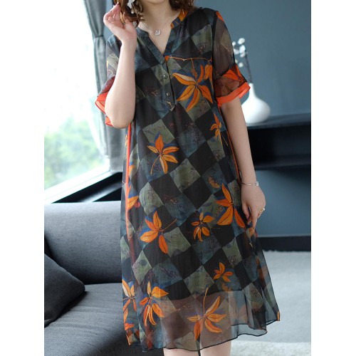 Semi-sheer Floral print Button V-neck Dress