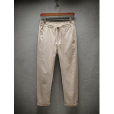 Women Linen Cotton Elastic Drawstring Waist Pockets Pants