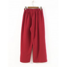 Women Casual Solid Elastic Waist Cotton Wide Leg Pants