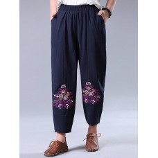 Vintage Women Embroidery High Elastic Waist Pants